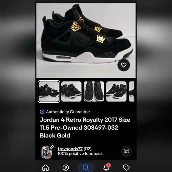 Jordan 4 Retro Royalty 2017 Size 11.5 Pre-Owned 308497-032 Black Gold - Picture 15 of 15